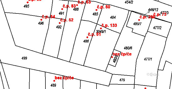 Záříčí 51 na parcele st. 486 v KÚ Záříčí, Katastrální mapa