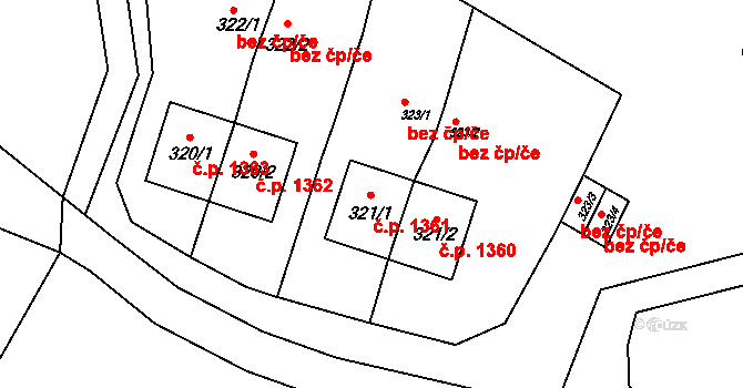 Luboměř pod Strážnou 1360,1361 na parcele st. 321/1 v KÚ Luboměř u Potštátu, Katastrální mapa