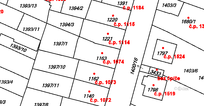 Hořice 1074 na parcele st. 1163 v KÚ Hořice v Podkrkonoší, Katastrální mapa