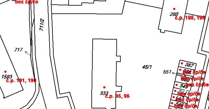 Týn 95,96, Třebíč na parcele st. 333 v KÚ Týn u Třebíče, Katastrální mapa
