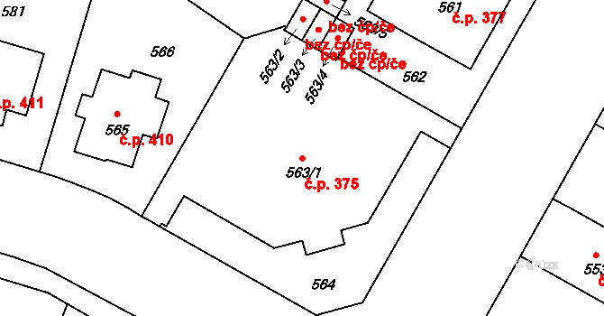 Veveří 375, Brno na parcele st. 563/1 v KÚ Veveří, Katastrální mapa