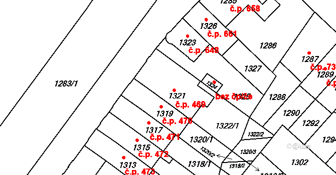 Maloměřice 469, Brno na parcele st. 1321 v KÚ Maloměřice, Katastrální mapa