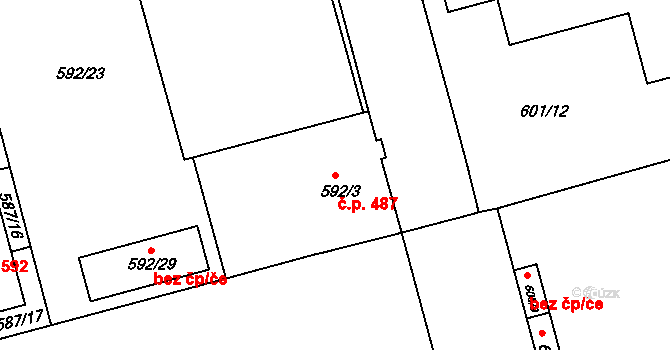 Ponava 487, Brno na parcele st. 592/3 v KÚ Ponava, Katastrální mapa