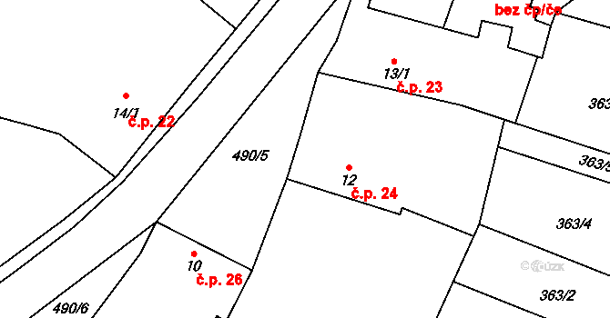 Ratenice 24 na parcele st. 12 v KÚ Ratenice, Katastrální mapa