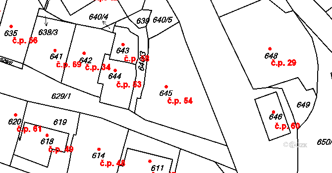 Podlázky 54, Mladá Boleslav na parcele st. 645 v KÚ Podlázky, Katastrální mapa