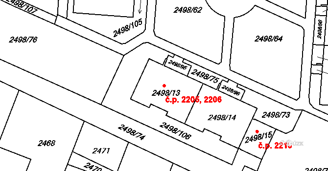 Horní Počernice 2205,2206, Praha na parcele st. 2498/14 v KÚ Horní Počernice, Katastrální mapa