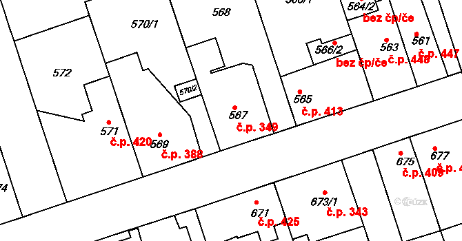 Čakovice 349, Praha na parcele st. 567 v KÚ Čakovice, Katastrální mapa