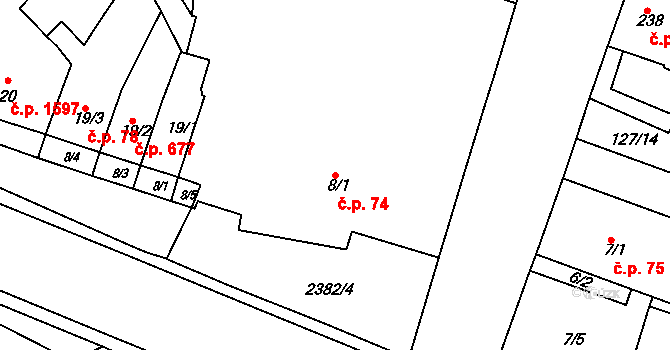 Rosice 74 na parcele st. 8/1 v KÚ Rosice u Brna, Katastrální mapa