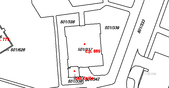 Ráj 869, Karviná na parcele st. 501/337 v KÚ Ráj, Katastrální mapa