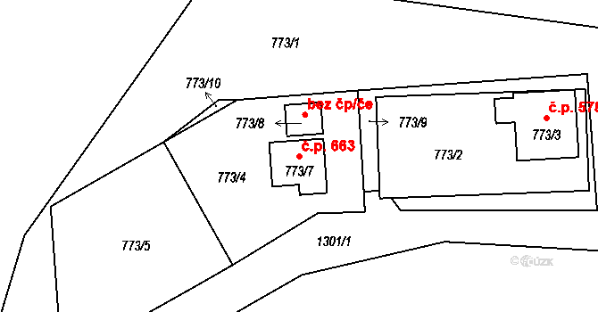 Líně 663 na parcele st. 773/7 v KÚ Líně, Katastrální mapa