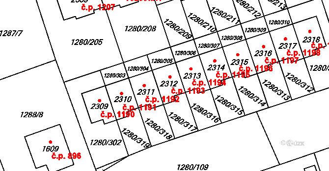 Dobřany 1193 na parcele st. 2312 v KÚ Dobřany, Katastrální mapa
