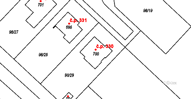Kvítkovice 330, Otrokovice na parcele st. 700 v KÚ Kvítkovice u Otrokovic, Katastrální mapa