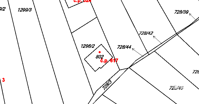 Prštné 617, Zlín na parcele st. 802 v KÚ Prštné, Katastrální mapa