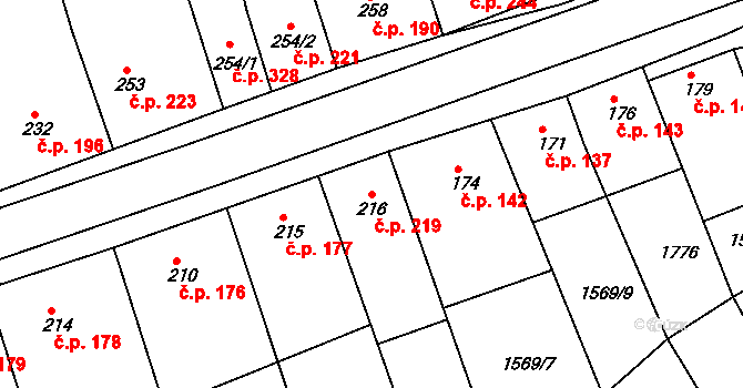 Nesovice 219 na parcele st. 216 v KÚ Nesovice, Katastrální mapa