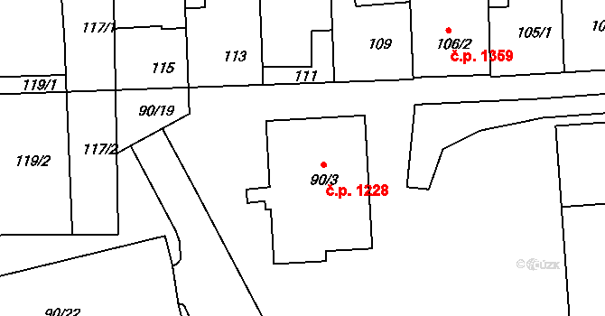 Třešť 1228 na parcele st. 90/3 v KÚ Třešť, Katastrální mapa