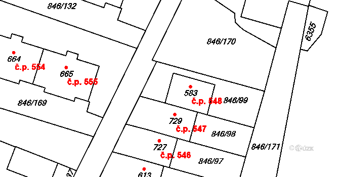 Lysice 548 na parcele st. 583 v KÚ Lysice, Katastrální mapa