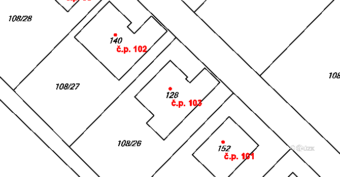 Chmeliště 103, Vavřinec na parcele st. 128 v KÚ Chmeliště, Katastrální mapa