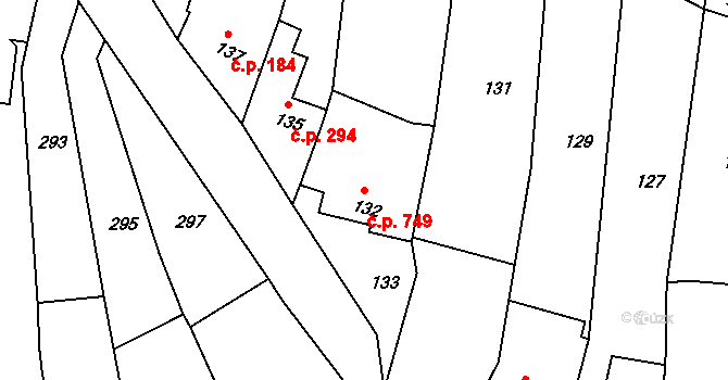 Klobouky u Brna 749 na parcele st. 132 v KÚ Klobouky u Brna, Katastrální mapa