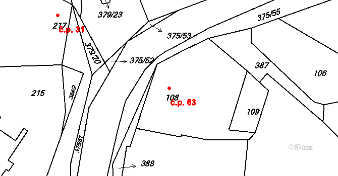 Útušice 63 na parcele st. 108 v KÚ Útušice, Katastrální mapa