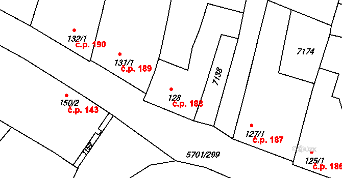 Hrádek 188 na parcele st. 128 v KÚ Hrádek u Znojma, Katastrální mapa