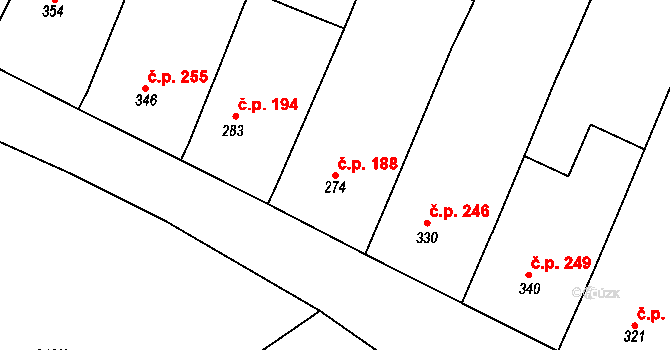 Vémyslice 188 na parcele st. 274 v KÚ Vémyslice, Katastrální mapa