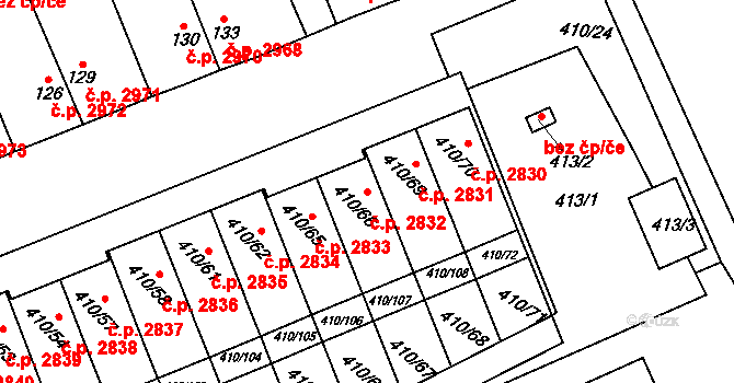 Znojmo 2832 na parcele st. 410/66 v KÚ Znojmo-Louka, Katastrální mapa
