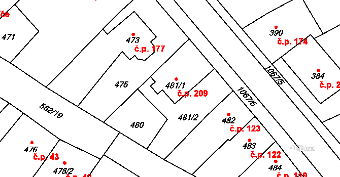 Uhřičice 209 na parcele st. 481/1 v KÚ Uhřičice, Katastrální mapa