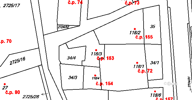 Jezernice 153 na parcele st. 118/3 v KÚ Jezernice, Katastrální mapa