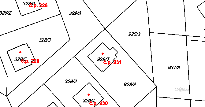 Srubec 231 na parcele st. 928/7 v KÚ Srubec, Katastrální mapa