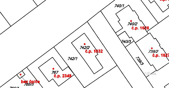 Roztoky 1032 na parcele st. 742/2 v KÚ Roztoky u Prahy, Katastrální mapa