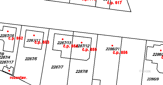 Lužice 855 na parcele st. 2287/12 v KÚ Lužice u Hodonína, Katastrální mapa
