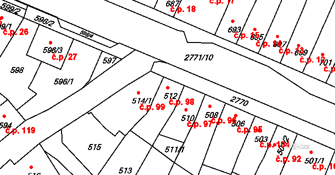 Dačice IV 98, Dačice na parcele st. 512 v KÚ Dačice, Katastrální mapa