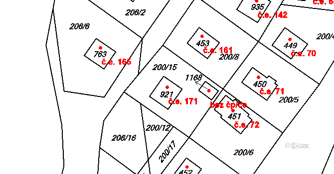 Raškovice 171 na parcele st. 921 v KÚ Raškovice, Katastrální mapa