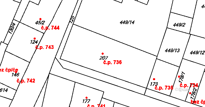Loučany 736 na parcele st. 207 v KÚ Loučany na Hané, Katastrální mapa