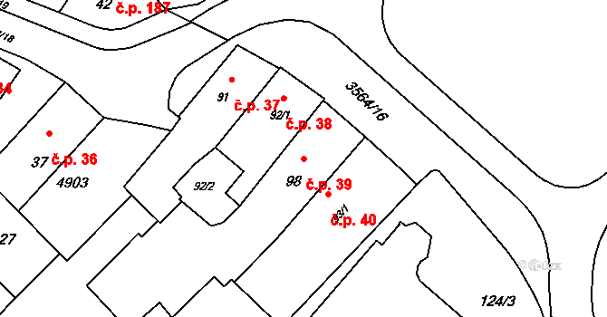 Rožnov pod Radhoštěm 39 na parcele st. 98 v KÚ Rožnov pod Radhoštěm, Katastrální mapa
