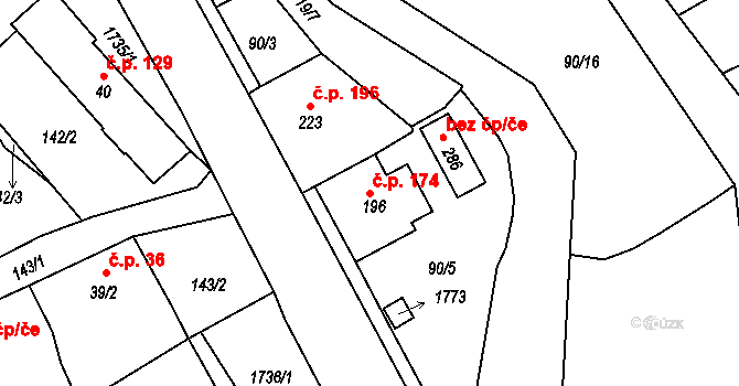 Lodhéřov 174 na parcele st. 196 v KÚ Lodhéřov, Katastrální mapa