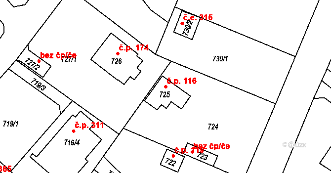 Strkov 116, Planá nad Lužnicí na parcele st. 725 v KÚ Planá nad Lužnicí, Katastrální mapa