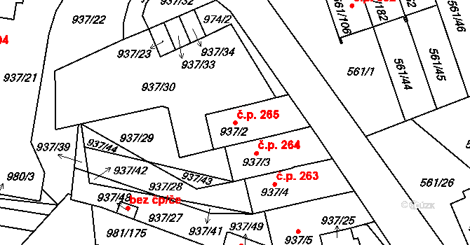 Chlumec 265 na parcele st. 937/2 v KÚ Chlumec u Chabařovic, Katastrální mapa