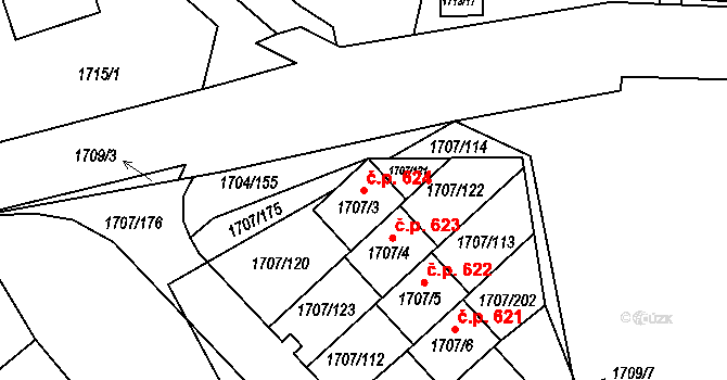 Miřetice u Klášterce nad Ohří 624, Klášterec nad Ohří na parcele st. 1707/3 v KÚ Miřetice u Klášterce nad Ohří, Katastrální mapa