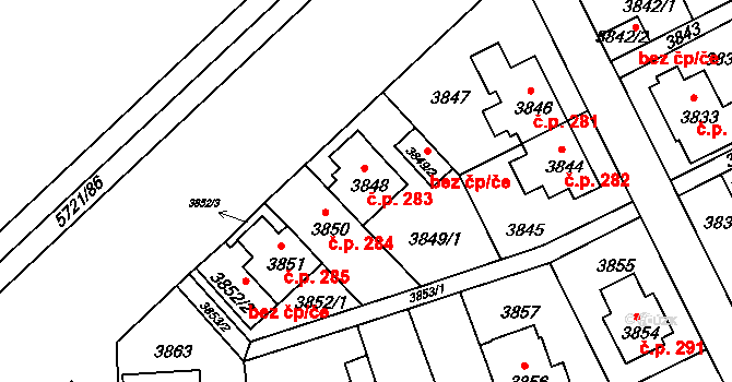 Záběhlice 283, Praha na parcele st. 3848 v KÚ Záběhlice, Katastrální mapa