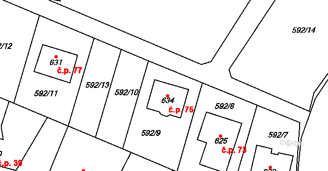Solopisky 75, Třebotov na parcele st. 634 v KÚ Třebotov, Katastrální mapa