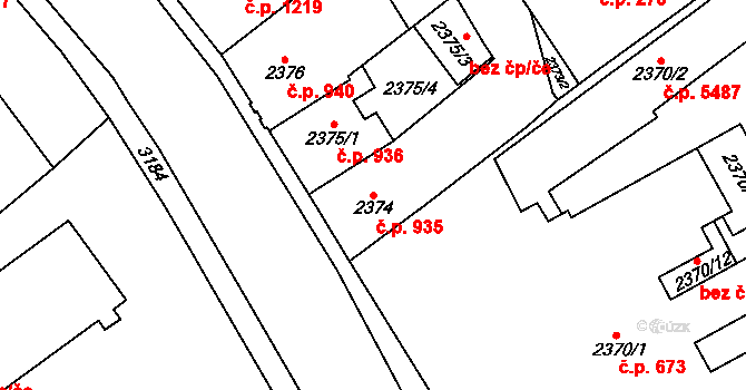 Chomutov 935 na parcele st. 2374 v KÚ Chomutov I, Katastrální mapa