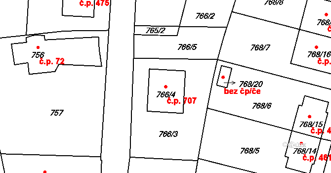 Rudolfov 707 na parcele st. 766/4 v KÚ Rudolfov u Českých Budějovic, Katastrální mapa
