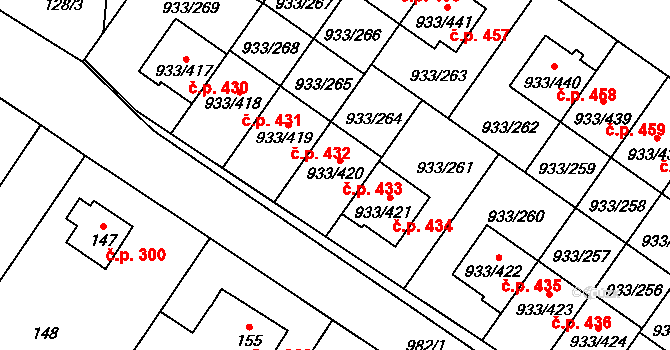 Satalice 433, Praha na parcele st. 933/420 v KÚ Satalice, Katastrální mapa