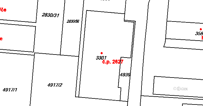 Rožnov pod Radhoštěm 2627 na parcele st. 3301 v KÚ Rožnov pod Radhoštěm, Katastrální mapa