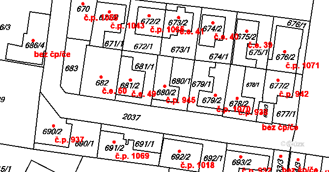 Kbely 945, Praha na parcele st. 680/2 v KÚ Kbely, Katastrální mapa