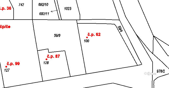 Rejšice 62, Smilovice na parcele st. 100 v KÚ Rejšice, Katastrální mapa