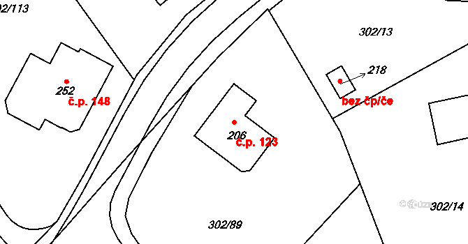 Obora 123 na parcele st. 206 v KÚ Obora u Loun, Katastrální mapa