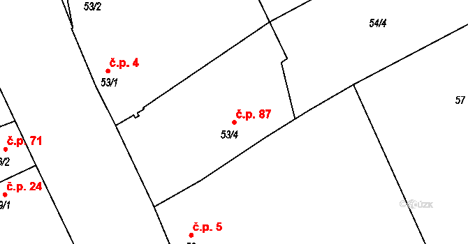 Hořín 87 na parcele st. 53/4 v KÚ Hořín, Katastrální mapa