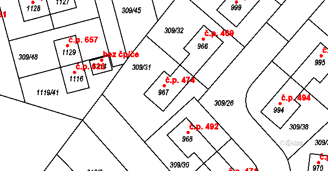 Nučice 474 na parcele st. 967 v KÚ Nučice u Rudné, Katastrální mapa